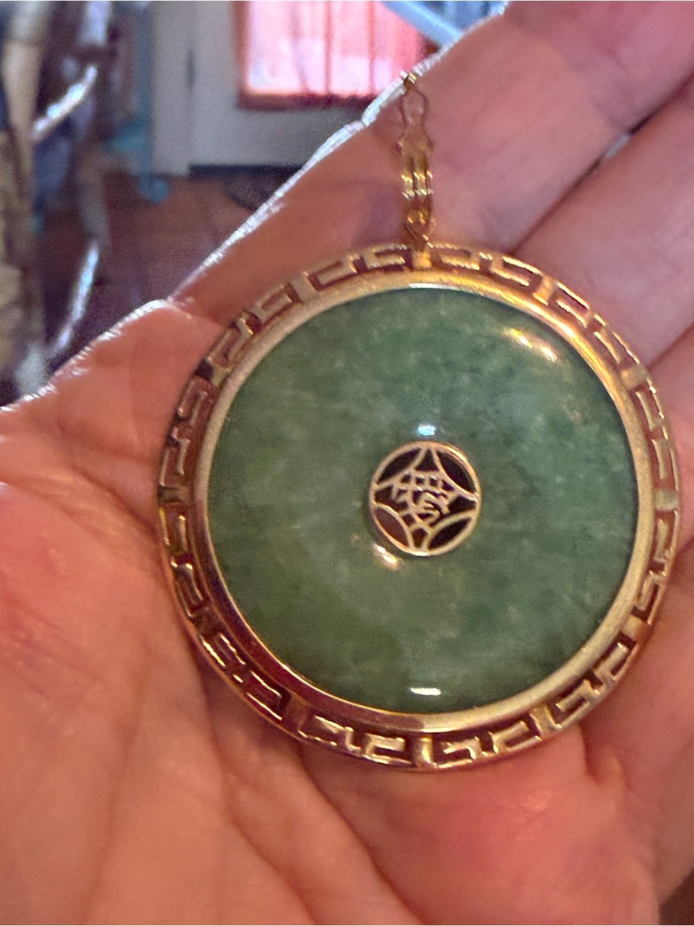 Large Green Jade & 14kt Yellow Gold Pendant